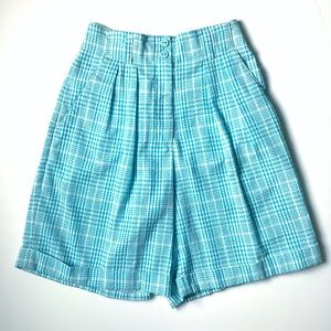 Aqua plaid pleated shorts